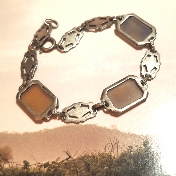 Antique Art Deco Sterling Taupe Camphor Glass Bracelet - Picture 4 of 7